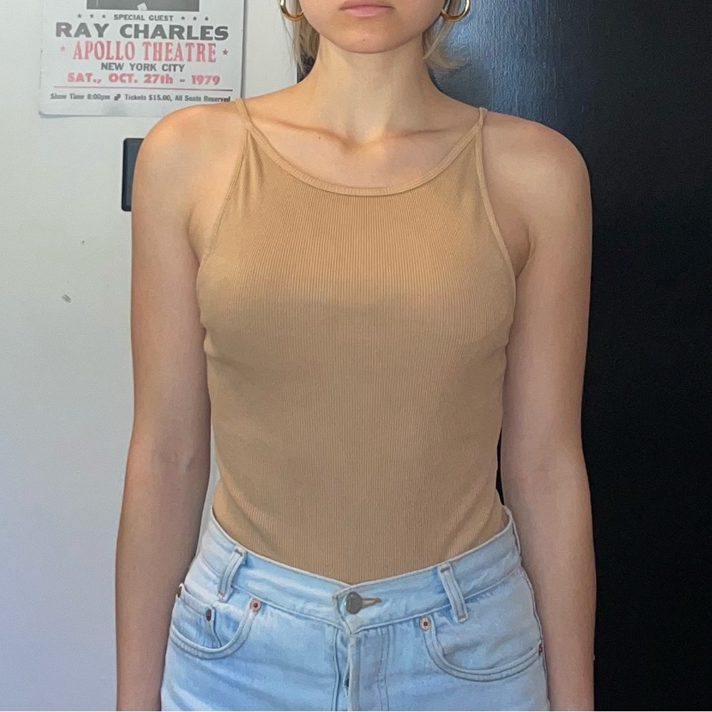 ZARA size small high neck cotton ribbed body suite in tan.